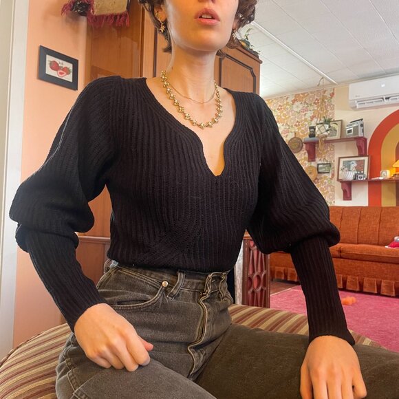 Tags Attached black knitted puffy sleeves drop sleeve plunge knitted sweater! - Picture 2 of 15